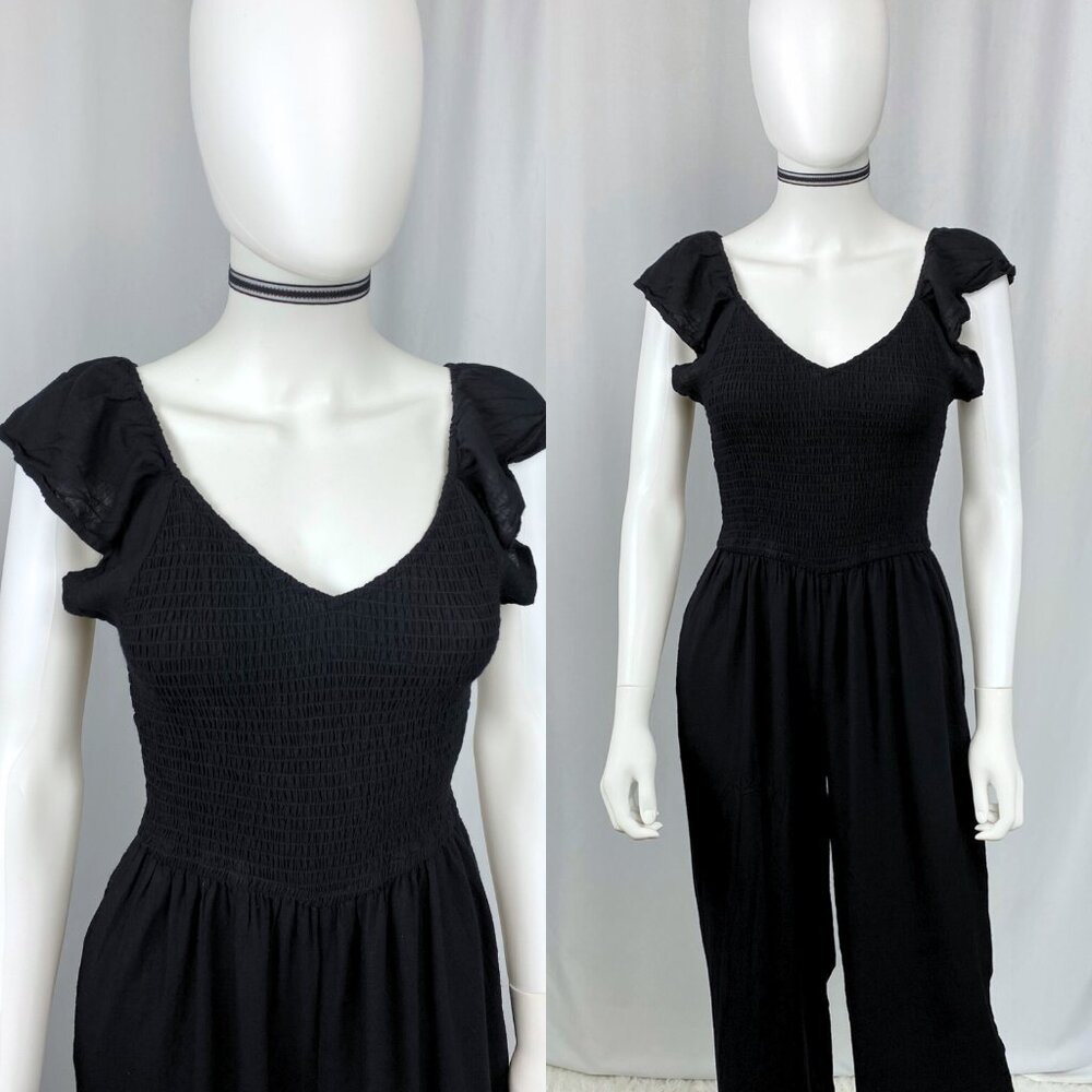 Japna black shirred wide-leg flutter sleeve pockets rayon goth jumpsuit small